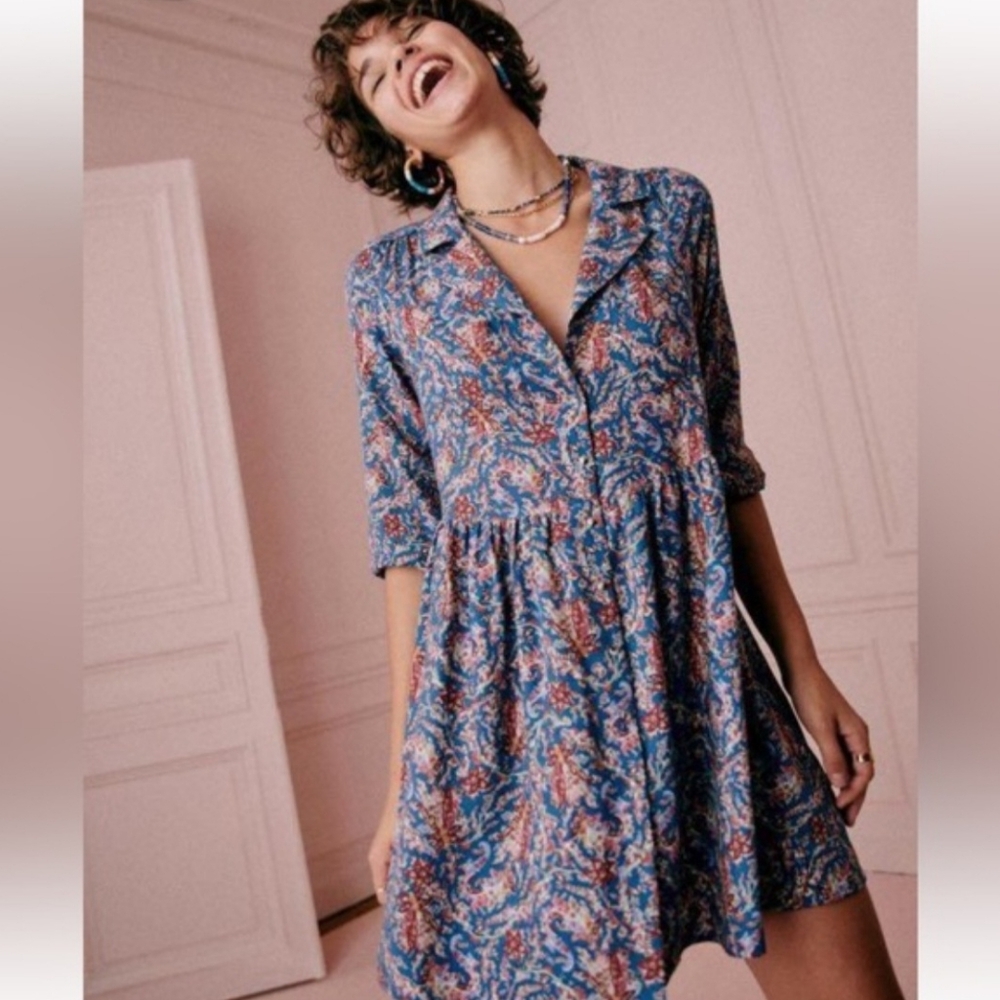 Sezane Aurora Mini Floral Paisley Long Sleeve Shirt Dress Size 36